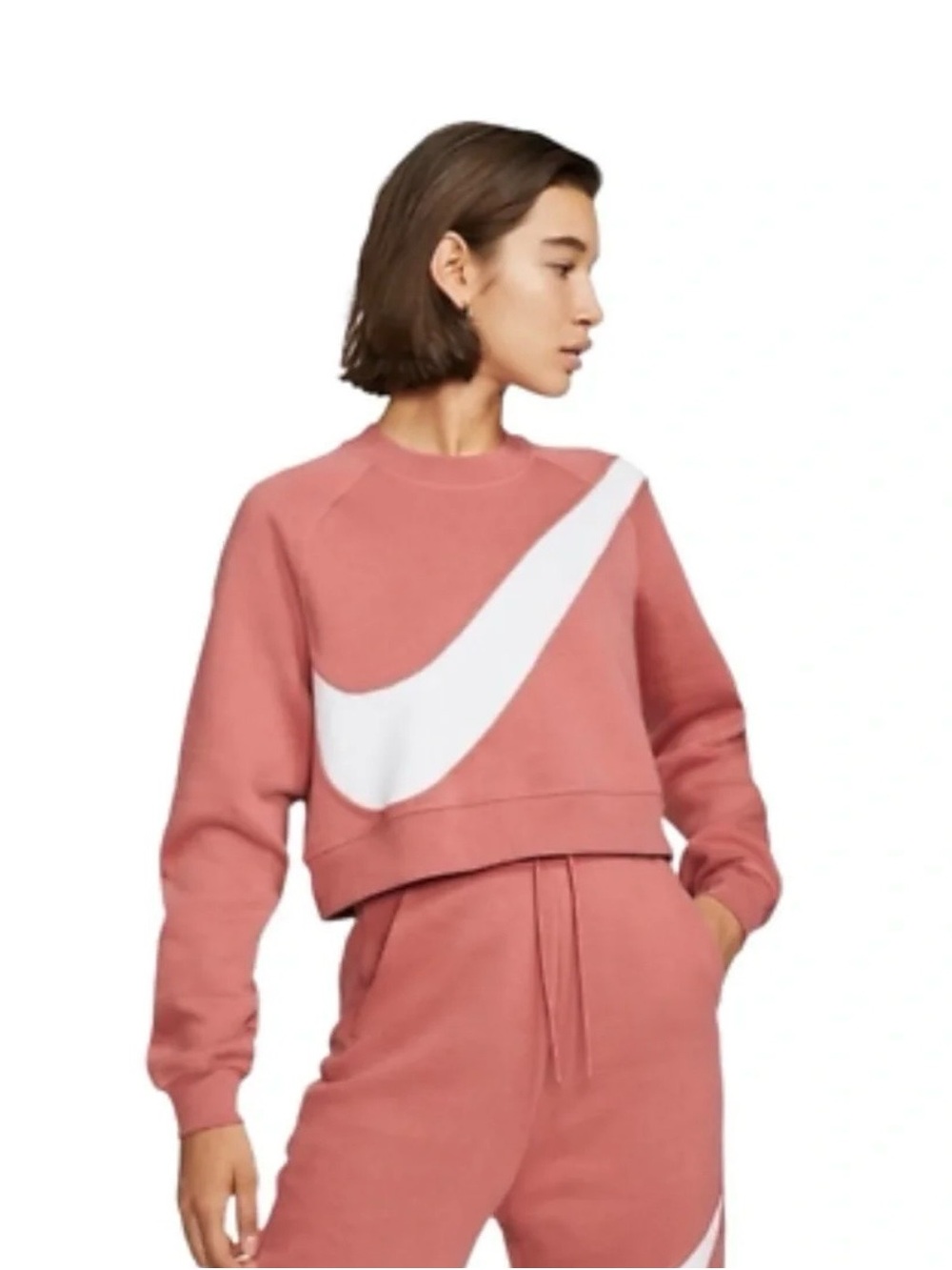 {NIKE} Women’s Coral Pink Cropped Big Swoosh Pullover Sweatshirt - Small